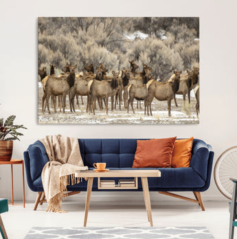 90269422-MGV-CV-36X24-Elk Herd Scene Wall Art Canvas Print, Framed Rustic Wildlife Decor Art Picture Print, Western Cabin Style Perfect Rustic Lodge