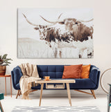 48161868-MGV-CV-36X24-Longhorn Cow Decor Wall Art Canvas Print, Framed Rustic Cattle Art Picture Print, Sepia Western Vibe Perfect Neutral Rustic