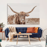 77810049-MGV-CV-36X24-Longhorn Bull Photo Wall Art Canvas Print, Framed Rustic Cow Decor Art Picture Print, Neutral Farmhouse Style Perfect Rustic