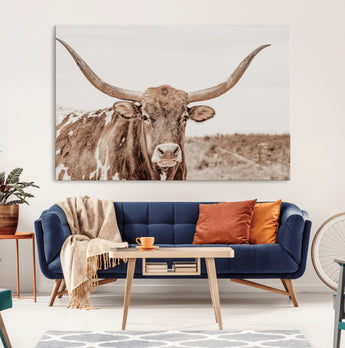 77810049-MGV-CV-36X24-Longhorn Bull Photo Wall Art Canvas Print, Framed Rustic Cow Decor Art Picture Print, Neutral Farmhouse Style Perfect Rustic