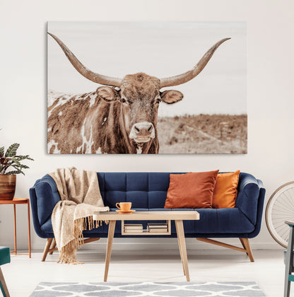 77810049-MGV-CV-36X24-Longhorn Bull Photo Wall Art Canvas Print, Framed Rustic Cow Decor Art Picture Print, Neutral Farmhouse Style Perfect Rustic
