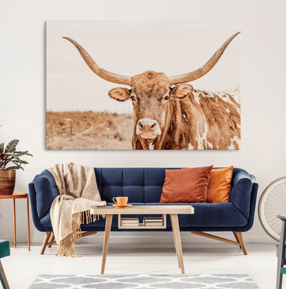 74406977-MGV-CV-36X24-Longhorn Bull Decor Wall Art Canvas Print, Framed Western Cow Theme Art Picture Print, Rustic Farmhouse Wall Perfect Neutral