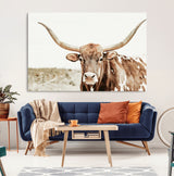 98924580-MGV-CV-36X24-Texas Longhorn Bull Wall Art Canvas Print, Framed Rustic Farmhouse Decor Art Picture Print, Western Animal Theme Perfect Rustic