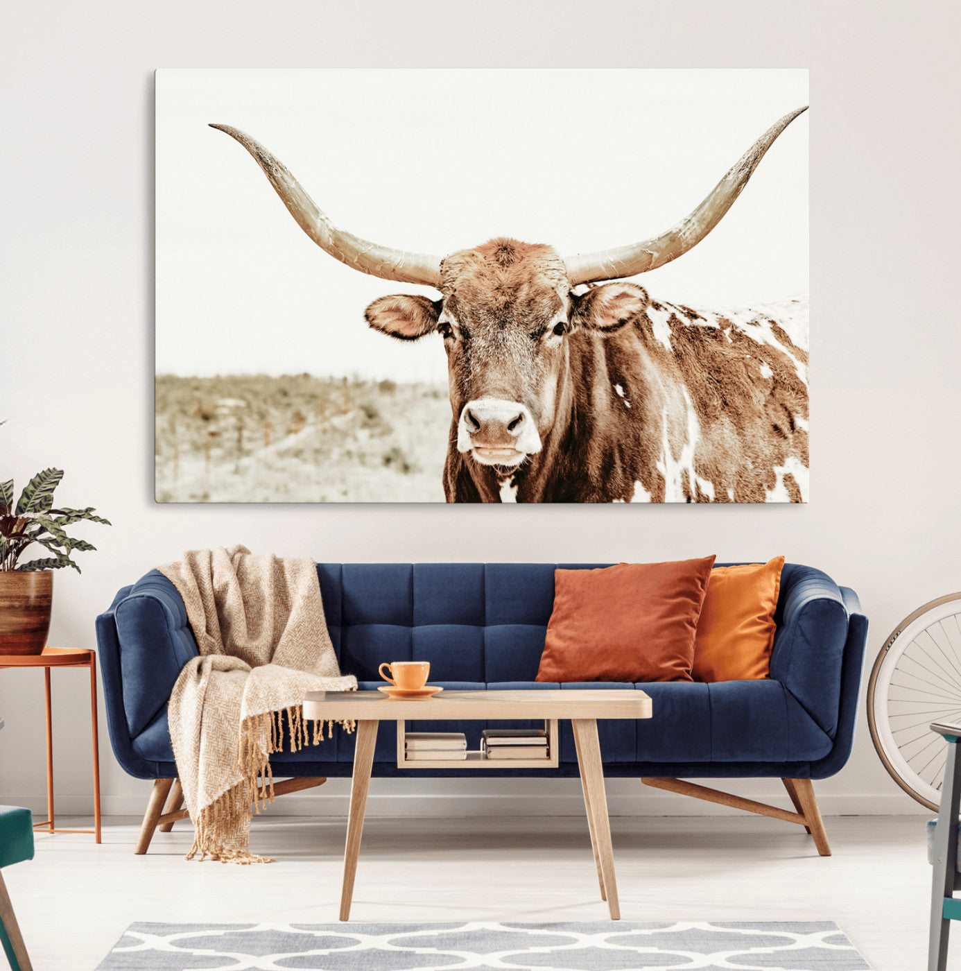 98924580-MGV-CV-36X24-Texas Longhorn Bull Wall Art Canvas Print, Framed Rustic Farmhouse Decor Art Picture Print, Western Animal Theme Perfect Rustic