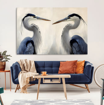 18230556-MGV-CV-36X24-Blue Heron Pair Wall Art Canvas Print, Framed Coastal Bird Theme Art Picture Print, Tranquil Wildlife Scene Perfect Coastal