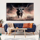 71457818-MGV-CV-36X24-Longhorn Wall Art Wall Art Canvas Print, Framed Western Bull Canvas Art Picture Print, Rustic Cow Decor Perfect Western Dramatic
