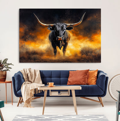 58293979-MGV-CV-36X24-Longhorn Canvas Wall Art Canvas Print, Framed Bold Bull Wall Art Art Picture Print, Western Animal Decor Perfect Western Dramatic