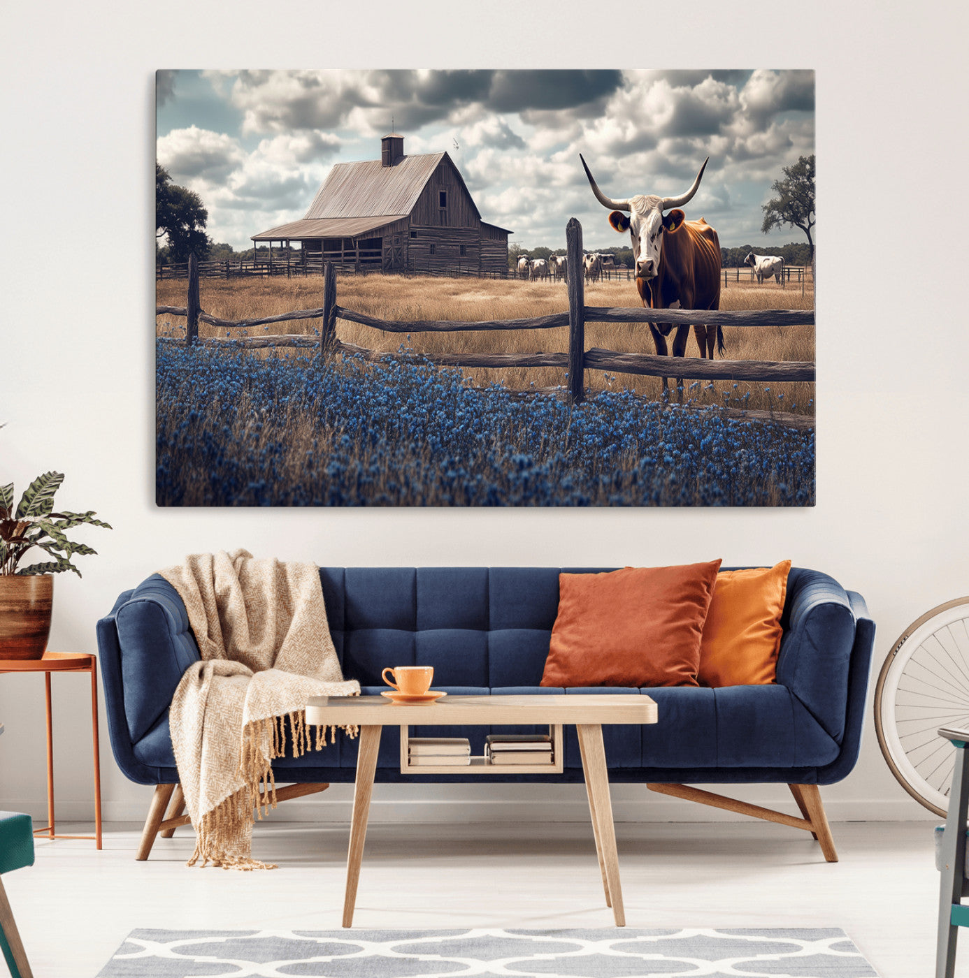 51092814-MGV-CV-36X24-Texas Longhorn Wall Art Wall Art Canvas Print, Framed Rustic Barn Canvas Art Picture Print, Farmhouse Cow Decor Perfect Rustic