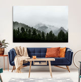 55968349-MGV-CV-36X24-Misty Mountains Wall Art Canvas Print, Framed Foggy Forest Art Picture Print, Snowy Peaks Perfect Moody Wilderness Decor Artwork