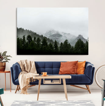 55968349-MGV-CV-36X24-Misty Mountains Wall Art Canvas Print, Framed Foggy Forest Art Picture Print, Snowy Peaks Perfect Moody Wilderness Decor Artwork