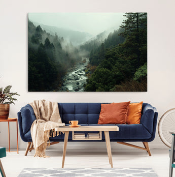 48497565-MGV-CV-36X24-Misty Forest Wall Art Canvas Print, Framed Foggy River Art Picture Print, Moody Landscape Perfect Moody Wilderness Decor Artwork