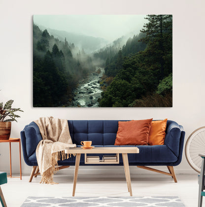 48497565-MGV-CV-36X24-Misty Forest Wall Art Canvas Print, Framed Foggy River Art Picture Print, Moody Landscape Perfect Moody Wilderness Decor Artwork