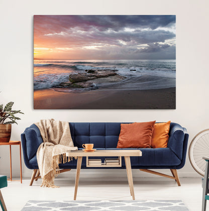 94208089-MGV-CV-36X24-Golden Hour Wall Art Canvas Print, Framed Tranquil Waves Art Picture Print, Beach Horizon Perfect Coastal Serenity Decor Artwork