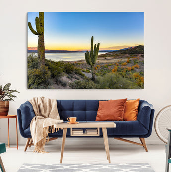 52844711-MGV-CV-36X24-Saguaro Cactus Wall Art Canvas Print, Framed Desert Sunset Art Picture Print, Southwestern Scene Perfect Southwestern Rustic Decor