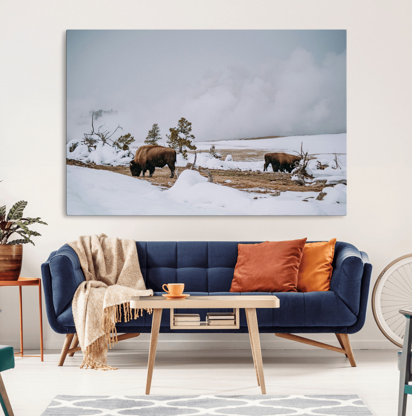 60308289-MGV-CV-36X24-Bison Wildlife Wall Art Canvas Print, Framed Snowy Prairie Art Picture Print, Western Landscape Perfect Rustic Winter Decor