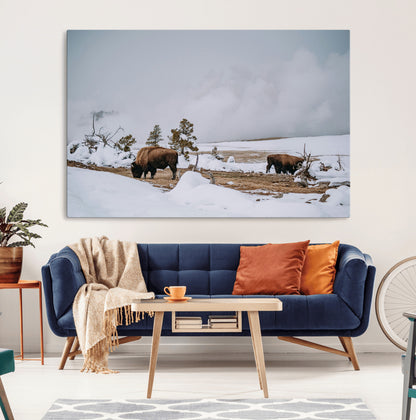 60308289-MGV-CV-36X24-Bison Wildlife Wall Art Canvas Print, Framed Snowy Prairie Art Picture Print, Western Landscape Perfect Rustic Winter Decor