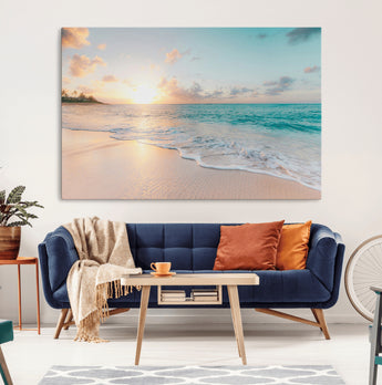 94538225-MGV-CV-36X24-Beach Sunset Wall Art Canvas Print, Framed Ocean Waves Art Picture Print, Summer Escape Perfect Coastal Serenity Decor Artwork