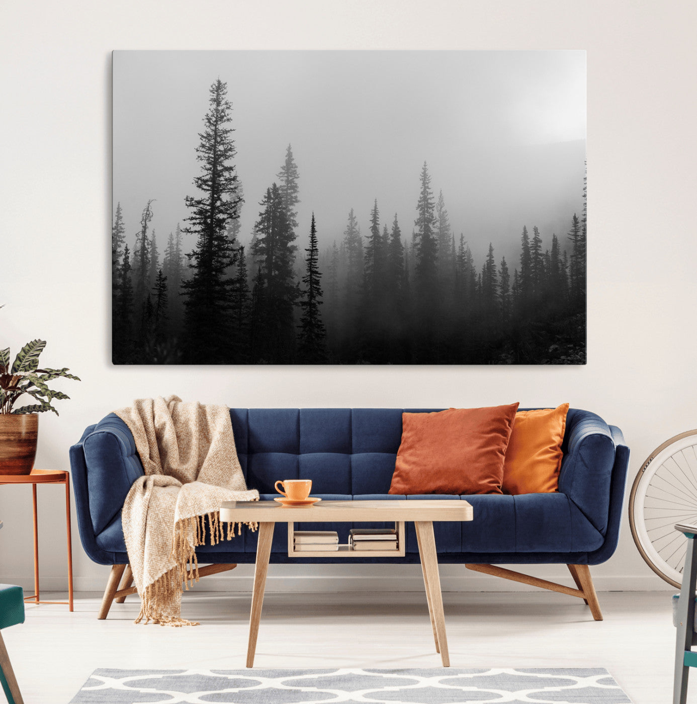 73138900-MGV-CV-36X24-Misty Pines Wall Art Canvas Print, Framed Woodland Photography Art Picture Print, Minimalist Decor Perfect Modern Rustic Decor