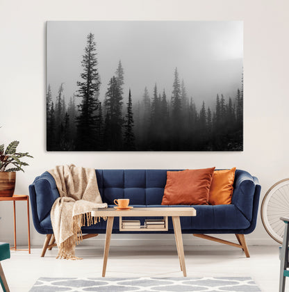 73138900-MGV-CV-36X24-Misty Pines Wall Art Canvas Print, Framed Woodland Photography Art Picture Print, Minimalist Decor Perfect Modern Rustic Decor
