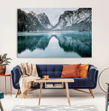 73098373-MGV-CV-36X24-Mountain Lake Wall Art Canvas Print, Framed Winter Wonderland Art Picture Print, Snowy Peaks Perfect Modern Nature Decor Artwork