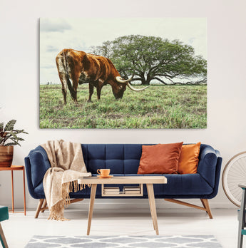 91866234-MGV-CV-36X24-Texas Longhorn Wall Art Canvas Print, Framed Rustic Ranch Art Picture Print, Western Cattle Perfect Rustic Farmhouse Decor Artwork