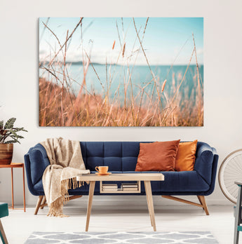 36108696-MGV-CV-36X24-Coastal Grass Wall Art – Serene Ocean View Canvas Print, Beach Nature Photography Decor for Living Room, Bedroom, Office or Modern