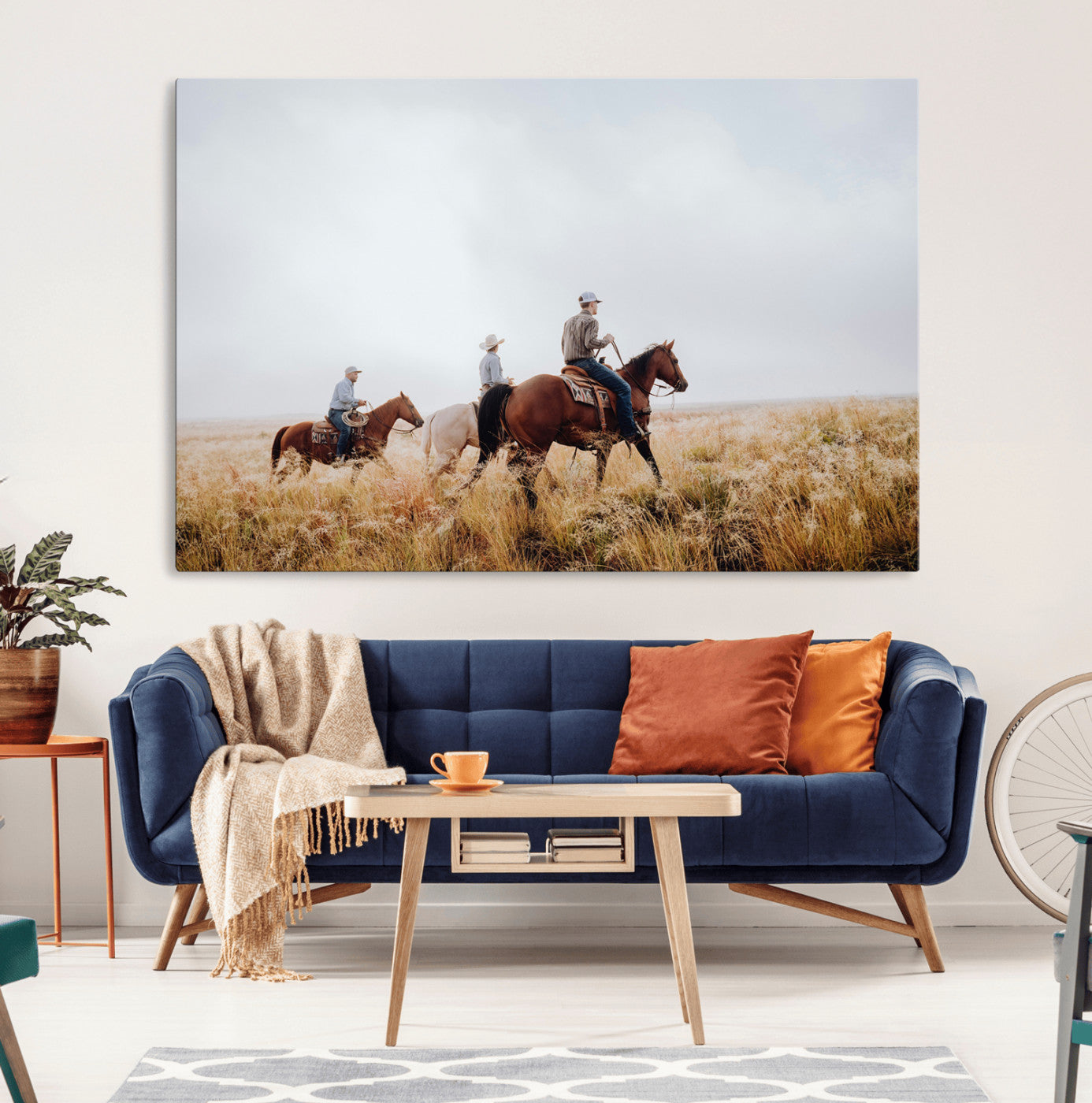 94723307-MGV-CV-36X24-Western Cowboys Wall Art Canvas Print, Framed Rustic Prairie Art Picture Print, Horseback Riding Perfect Rustic Western Decor