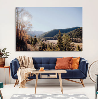 52941305-MGV-CV-36X24-Rustic Landscape Wall Art Canvas Print, Framed Serene Valley Art Picture Print, Pine Tree Horizon Perfect Rustic Cabin Decor