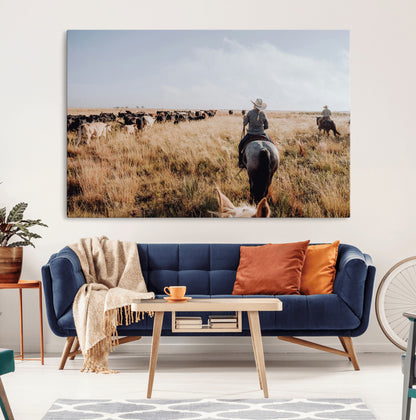 22431577-MGV-CV-36X24-Western Wall Art Wall Art Canvas Print, Framed Cowboy Canvas Art Picture Print, Cattle Drive Scene Perfect Rustic Western Decor