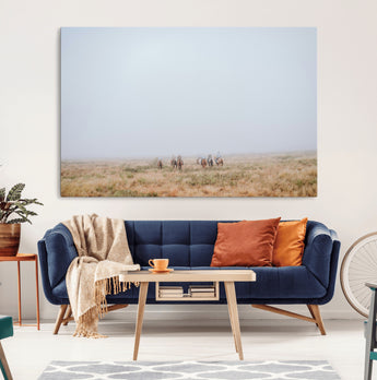 14761944-MGV-CV-36X24-Foggy Plains Wall Art Canvas Print, Framed Horseback Riders Art Picture Print, Rustic Western Perfect Rustic Western Decor Artwork