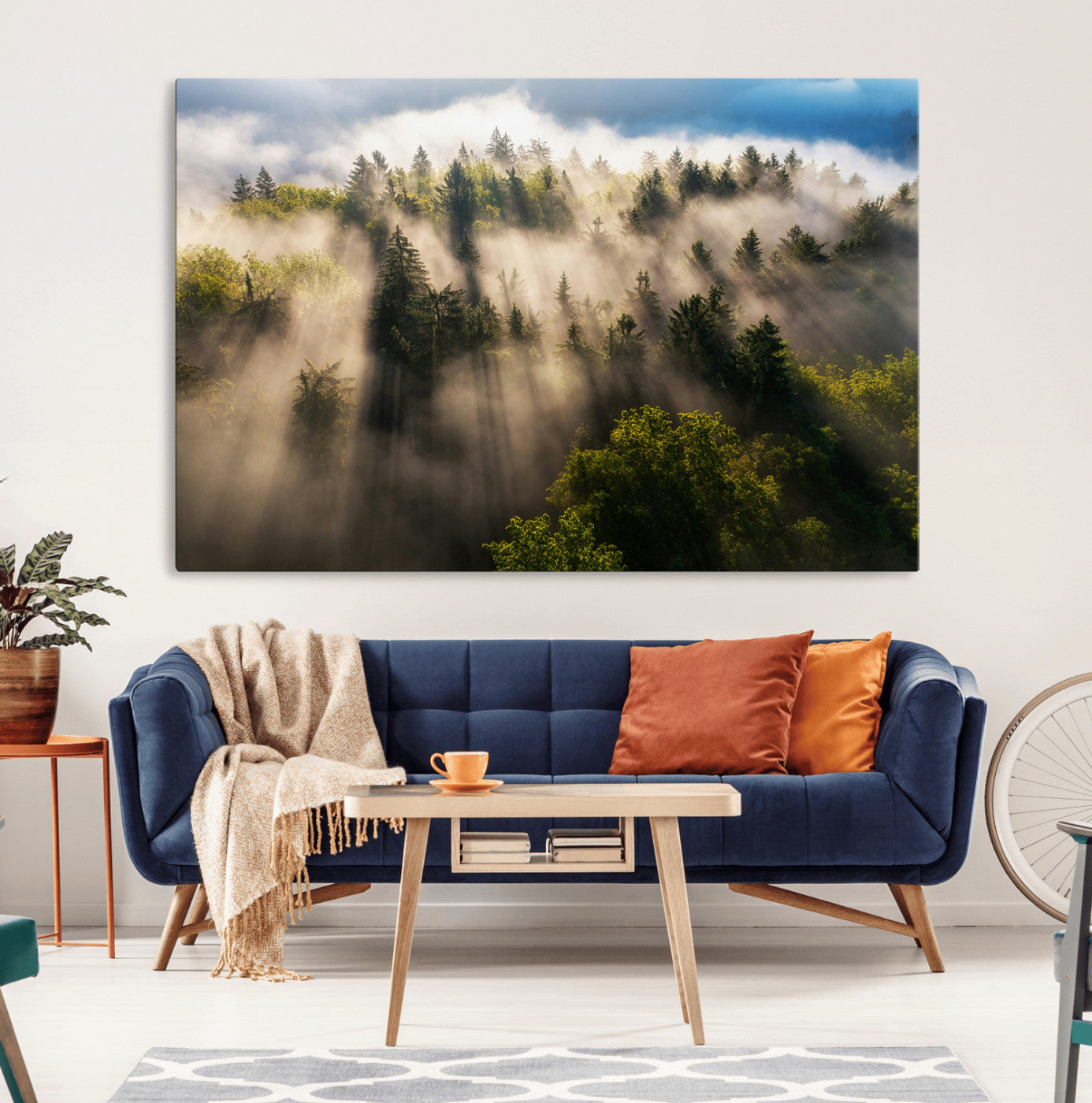 14785710-MGV-CV-36X24-Tranquil Forest Scene Wall Art Canvas Print, Framed Sunbeam Through Trees Art Picture Print, Moody Green Wall Art Perfect