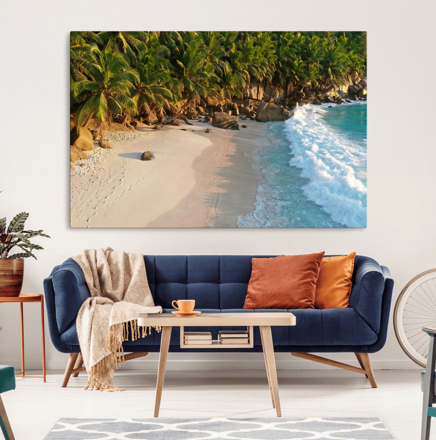 82312665-MGV-CV-36X24-Tropical Beach Wall Art Canvas Print, Framed Ocean Waves Art Picture Print, Palm Trees Perfect Coastal Minimalist Decor Artwork