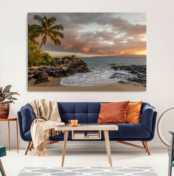 55108220-MGV-CV-36X24-Tropical Beach Wall Art Canvas Print, Framed Hawaiian Sunset Art Picture Print, Ocean Waves Perfect Coastal Tropical Decor Artwork