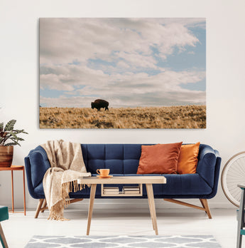 22754563-MGV-CV-36X24-Earthy Tones Wall Art Canvas Print, Framed Rustic Nature Art Picture Print, Solitary Buffalo Perfect Western Minimalist Decor