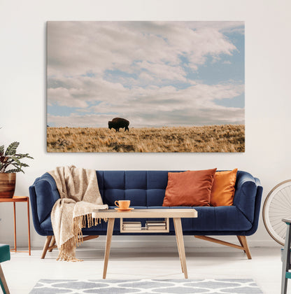 22754563-MGV-CV-36X24-Earthy Tones Wall Art Canvas Print, Framed Rustic Nature Art Picture Print, Solitary Buffalo Perfect Western Minimalist Decor