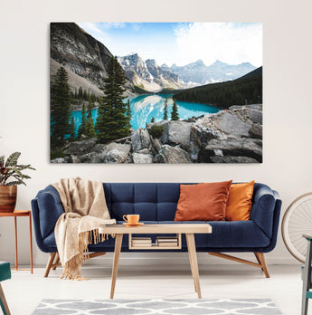 98014896-MGV-CV-36X24-Canadian Rockies Wall Art Canvas Print, Framed Mountain Landscape Art Picture Print, Turquoise Water Perfect Scandinavian