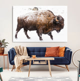 94261165-MGV-CV-36X24-Snowy Buffalo Wall Art Canvas Print, Framed Wildlife Photography Art Picture Print, Brown Tones Perfect Rustic Lodge Decor Decor