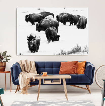18914414-MGV-CV-36X24-Buffalo Herd Wall Art Canvas Print, Framed Black and White Art Picture Print, Snowy Landscape Perfect Rustic Lodge Decor Decor