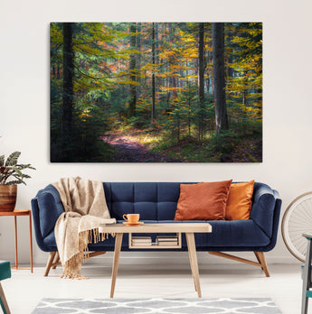 65810864-MGV-CV-36X24-Autumn Forest Wall Art Canvas Print, Framed Fall Woodland Art Picture Print, Golden Leaves Perfect Rustic Farmhouse Decor Artwork