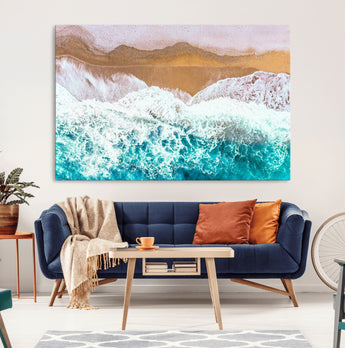 26870666-MGV-CV-36X24-Aerial Beach Wall Art Canvas Print, Framed Ocean Waves Art Picture Print, Coastal Landscape Perfect Coastal Minimalist Decor