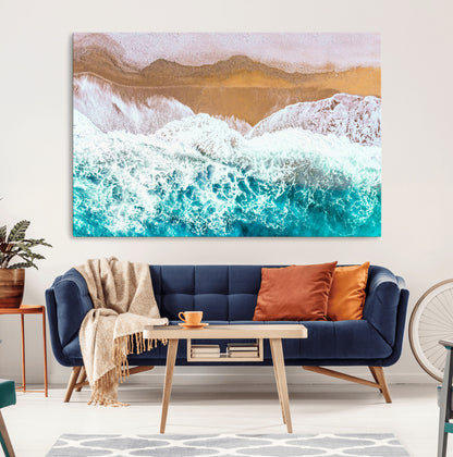 26870666-MGV-CV-36X24-Aerial Beach Wall Art Canvas Print, Framed Ocean Waves Art Picture Print, Coastal Landscape Perfect Coastal Minimalist Decor