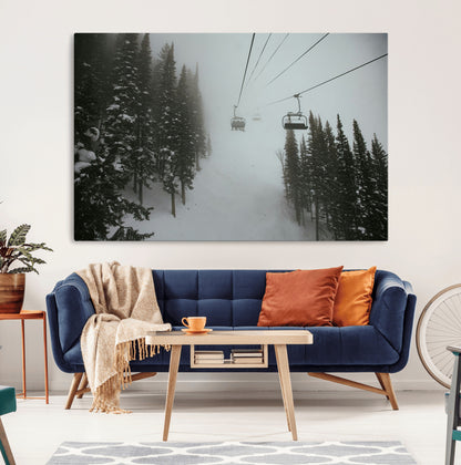 87018452-MGV-CV-36X24-Ski Lift Wall Art Canvas Print, Framed Snowy Pines Art Picture Print, Misty Landscape Perfect Winter Serenity Decor Artwork