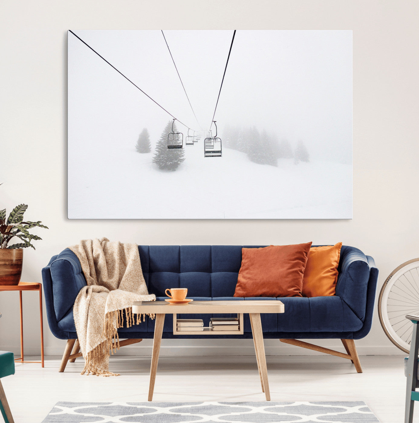 20216390-MGV-CV-36X24-Ski Lift Wall Art Canvas Print, Framed Snowy Landscape Art Picture Print, Alpine Adventure Perfect Nordic Minimalist Decor Artwork