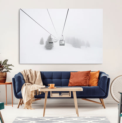 20216390-MGV-CV-36X24-Ski Lift Wall Art Canvas Print, Framed Snowy Landscape Art Picture Print, Alpine Adventure Perfect Nordic Minimalist Decor Artwork