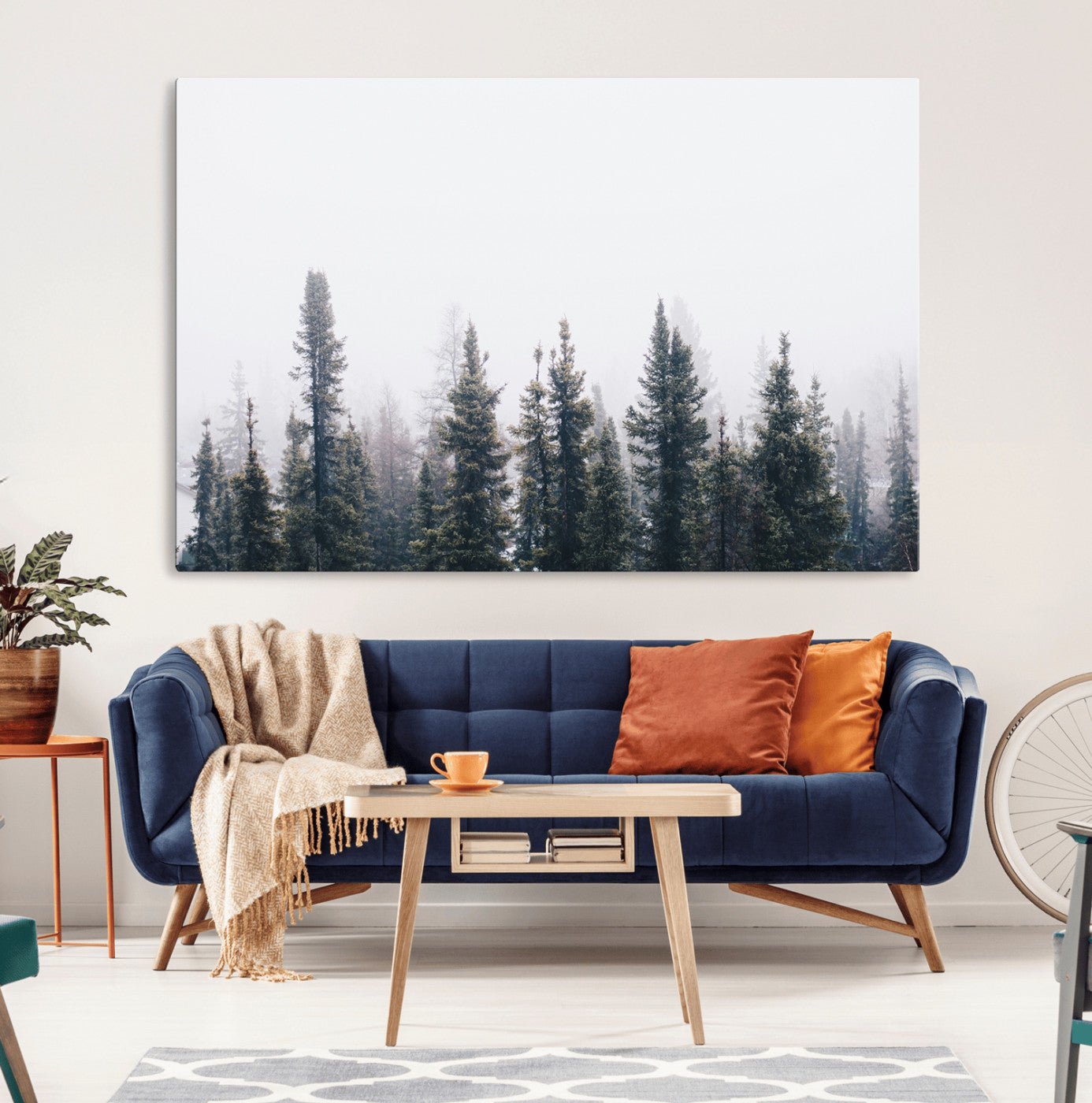 42364796-MGV-CV-36X24-Foggy Forest Wall Art Canvas Print, Framed Misty Pines Art Picture Print, Moody Woodland Perfect Scandinavian Minimalist Decor