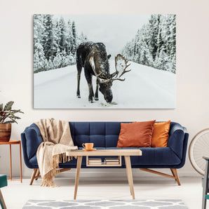 13316292-MGV-CV-36X24-Moose in Snow Wall Art Canvas Print, Framed Winter Wildlife Art Picture Print, Snowy Forest Scene Perfect Rustic Lodge Decor