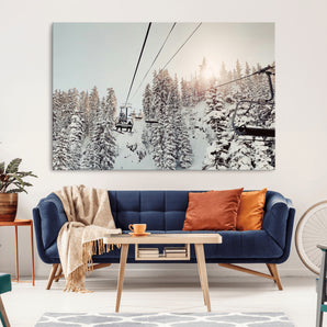 91534512-MGV-CV-36X24-Frosty Pines Wall Art Canvas Print, Framed Cozy Cabin View Art Picture Print, Ski Lift Ride Perfect Rustic Lodge Decor Artwork