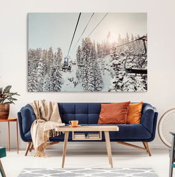91534512-MGV-CV-36X24-Frosty Pines Wall Art Canvas Print, Framed Cozy Cabin View Art Picture Print, Ski Lift Ride Perfect Rustic Lodge Decor Artwork