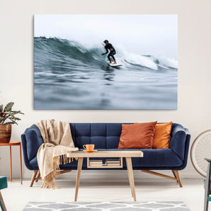 11693607-MGV-CV-36X24-Surfer on Wave Wall Art Canvas Print, Framed Ocean Adventure Art Picture Print, Motion Blur Water Perfect Coastal Adventure Decor