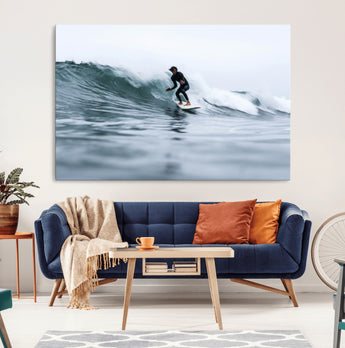 11693607-MGV-CV-36X24-Surfer on Wave Wall Art Canvas Print, Framed Ocean Adventure Art Picture Print, Motion Blur Water Perfect Coastal Adventure Decor